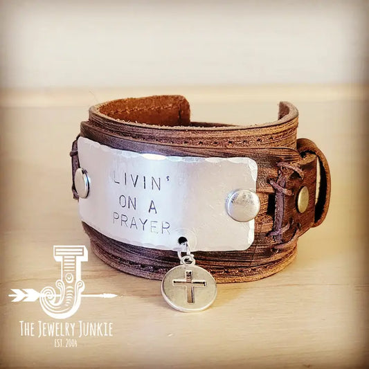 J38 - Livin' On A Prayer Hand Stamped Leather Cuff 013d