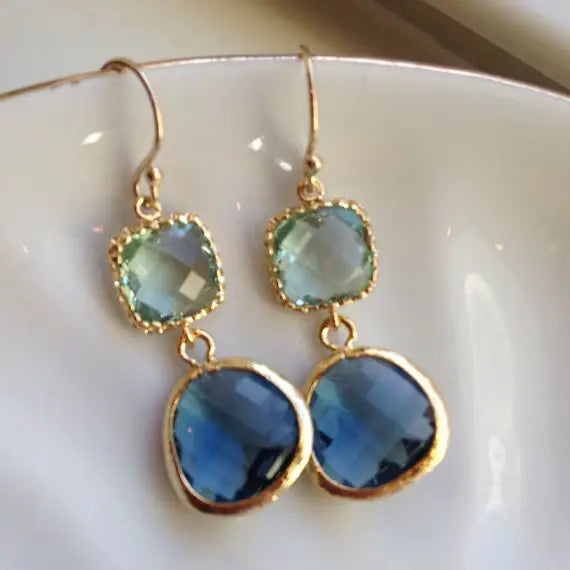 J10 - Sapphire Navy Prasiolite Glass Gold Plated Earrings