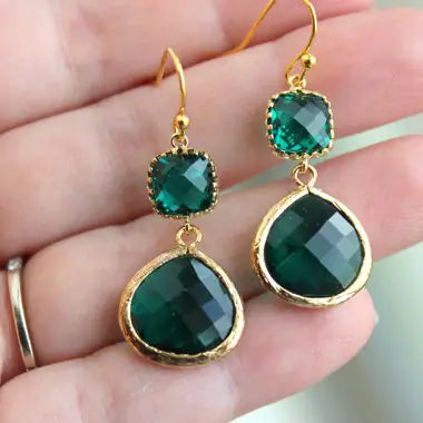 J6 - Gold Large Emerald Green Earrings