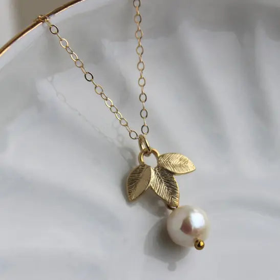 J8 - White Freshwater Pearl Gold Leaf Necklace