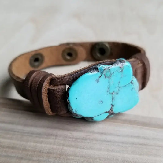 J43 - Blue Turquoise Slab On Narrow Leather Cuff