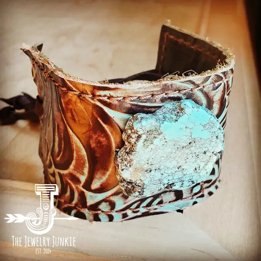 J44 - Leather Cuff with Tie-Turquoise Brown Floral