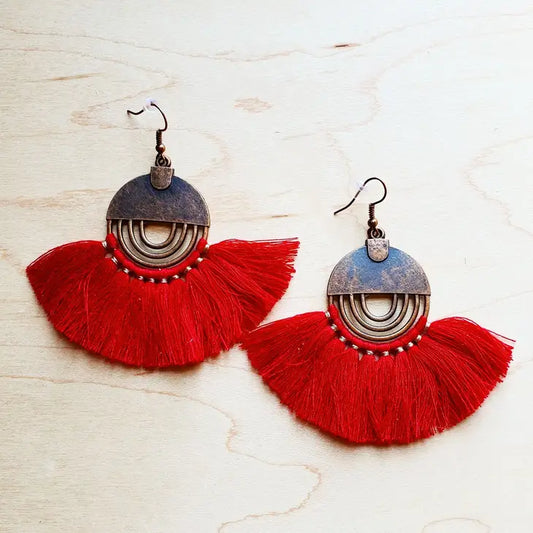 J33 - Red Fan Tassel Earrings