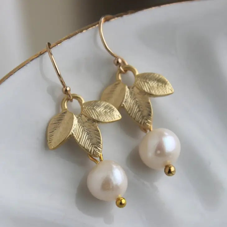 J5 - Gold Freshwater Pearl Leaf Earrings